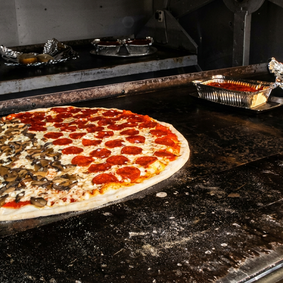 Large half-pepperoni, half-mushroom pizza rests on a flour-dusted commercial oven surface beside foil-wrapped baked goods.