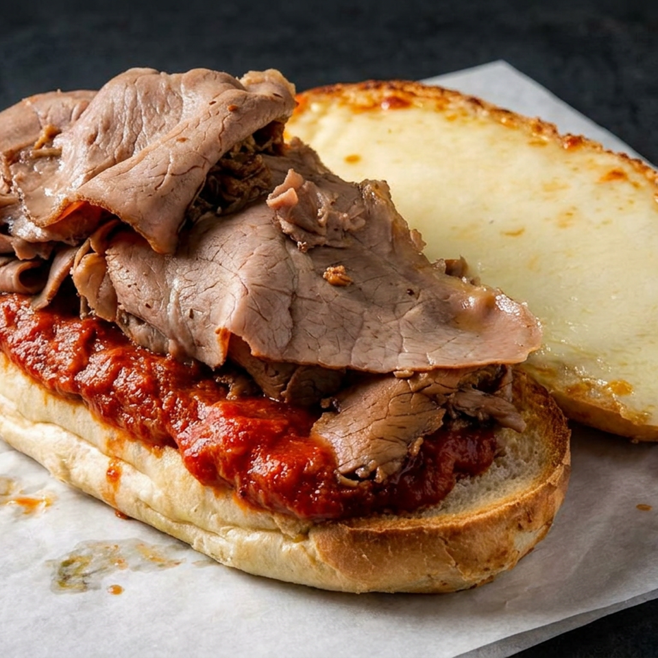 Open-faced roast beef sandwich with tomato sauce on a toasted roll, topped with melted cheese on the side.