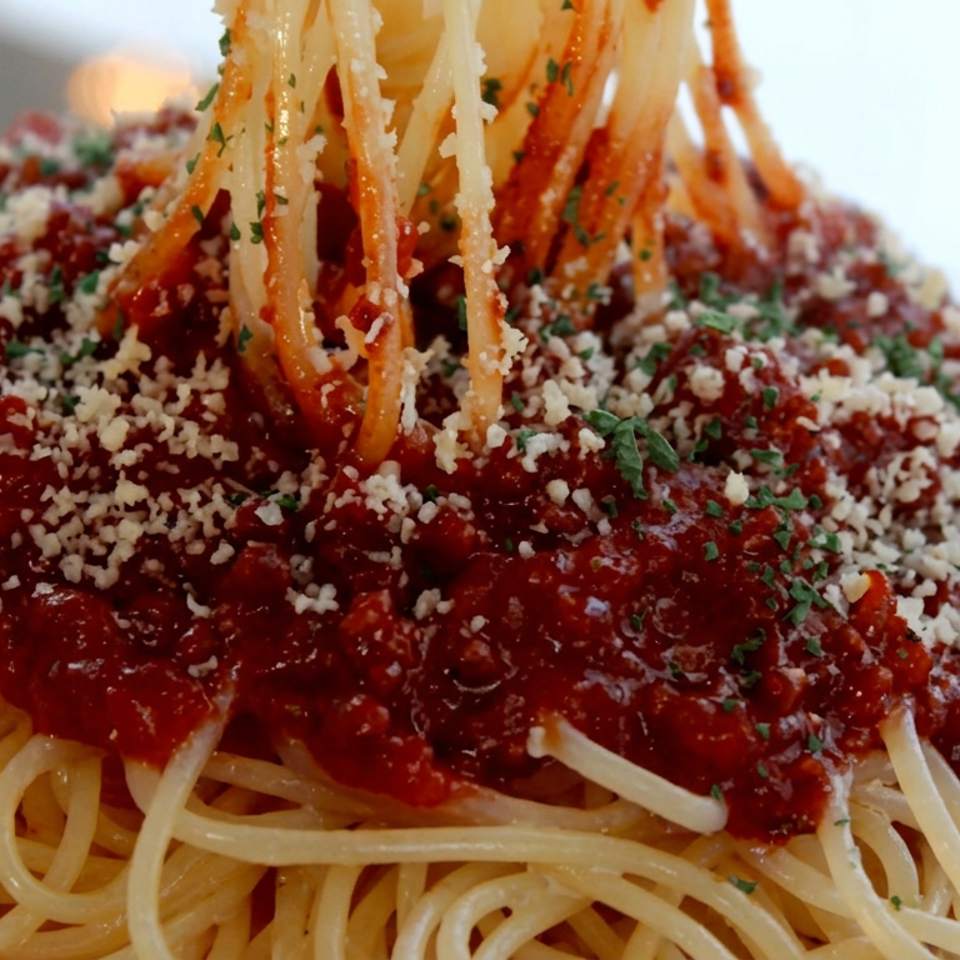 Spaghetti topped with chunky tomato sauce, grated cheese, parsley, and a fork lifting noodles.