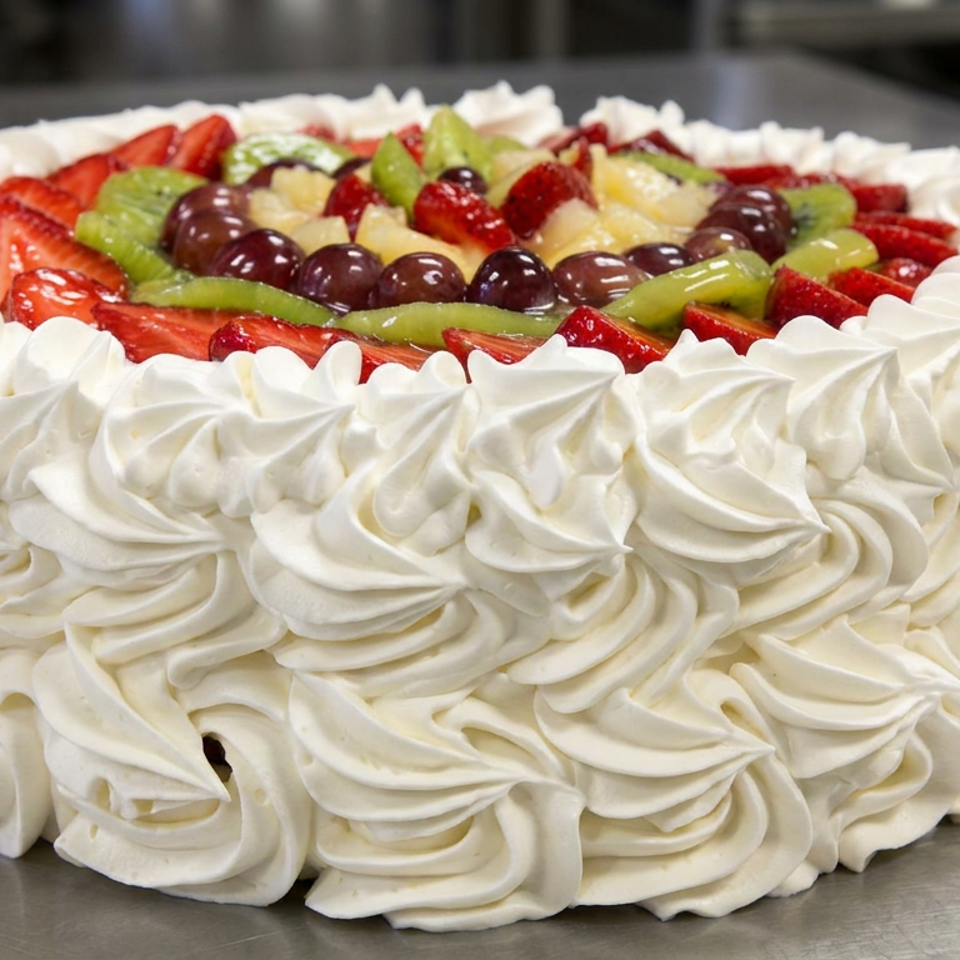 Round cream cake covered in piped frosting and topped with strawberries, kiwi, grapes, pineapple, and cherries.