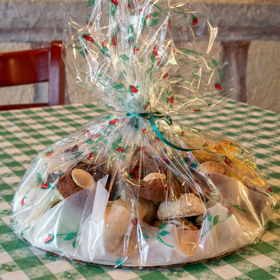 Cellophane-wrapped assortment of cookies and pastries sits on a green-and-white checkered restaurant table.