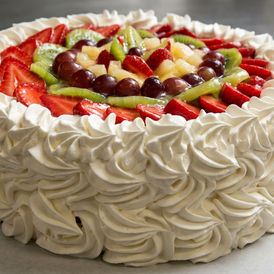 Round cake covered in piped white cream and topped with strawberries, kiwi, pineapple, and grapes.