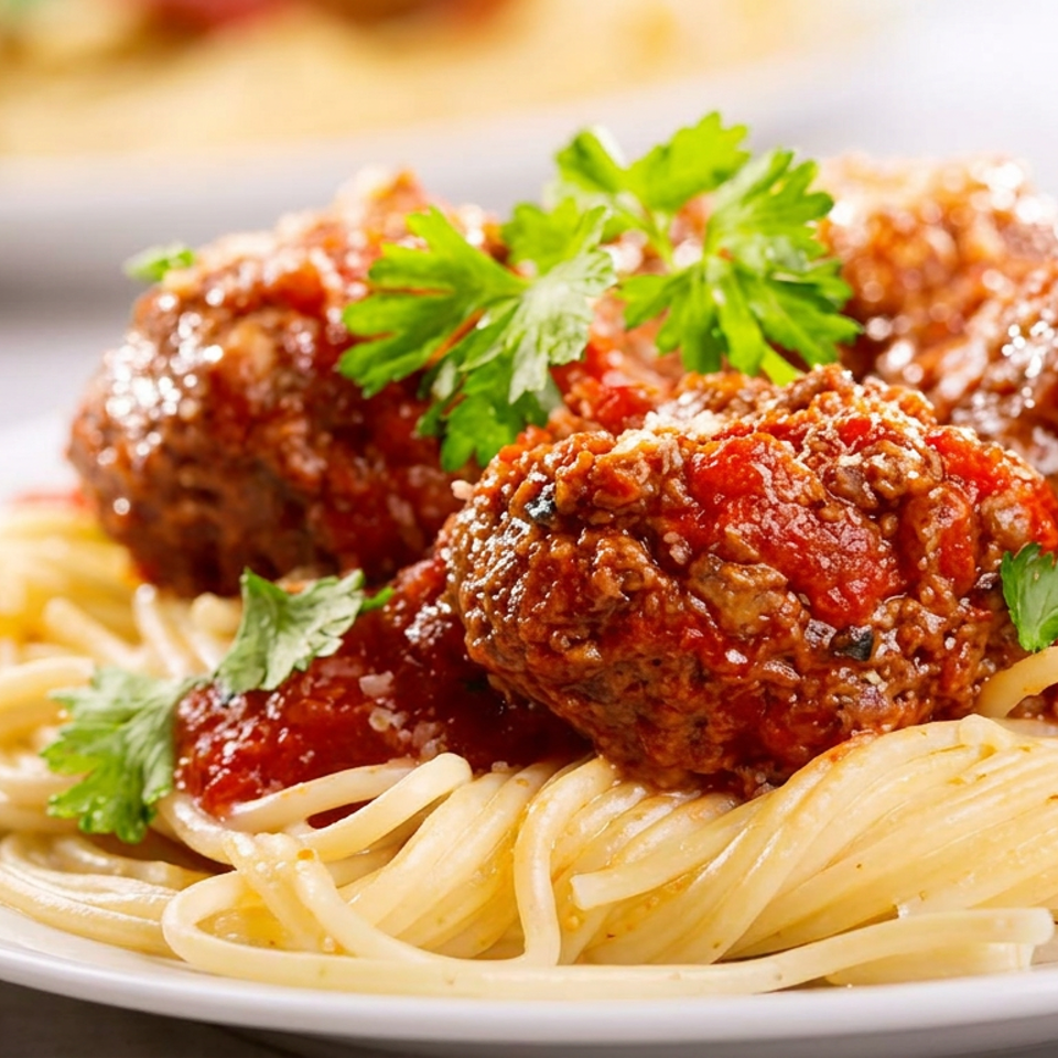 Spaghetti topped with meatballs, tomato sauce, grated cheese, and fresh parsley on a white plate.