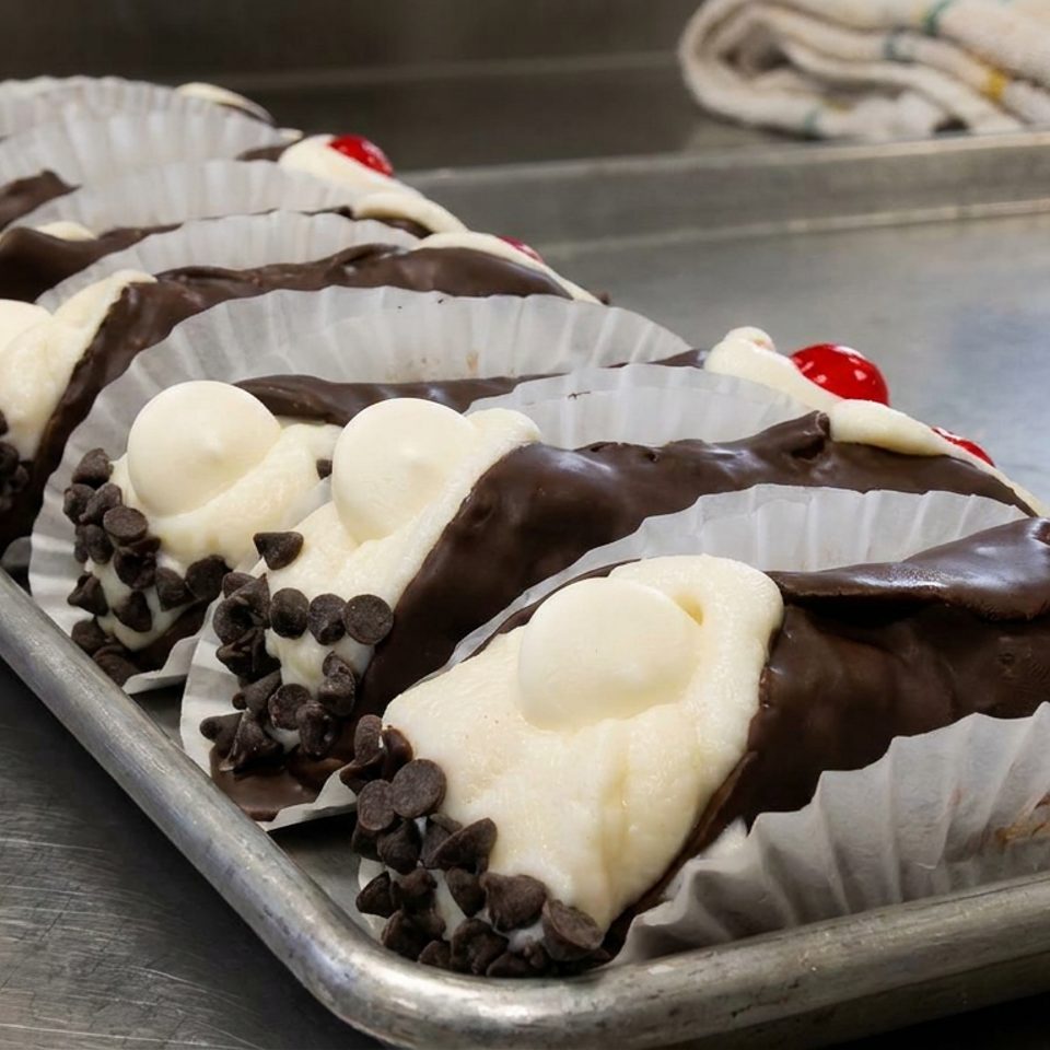 Tray of cannoli filled with cream, dipped in chocolate chips, drizzled with chocolate, and topped with cherries.