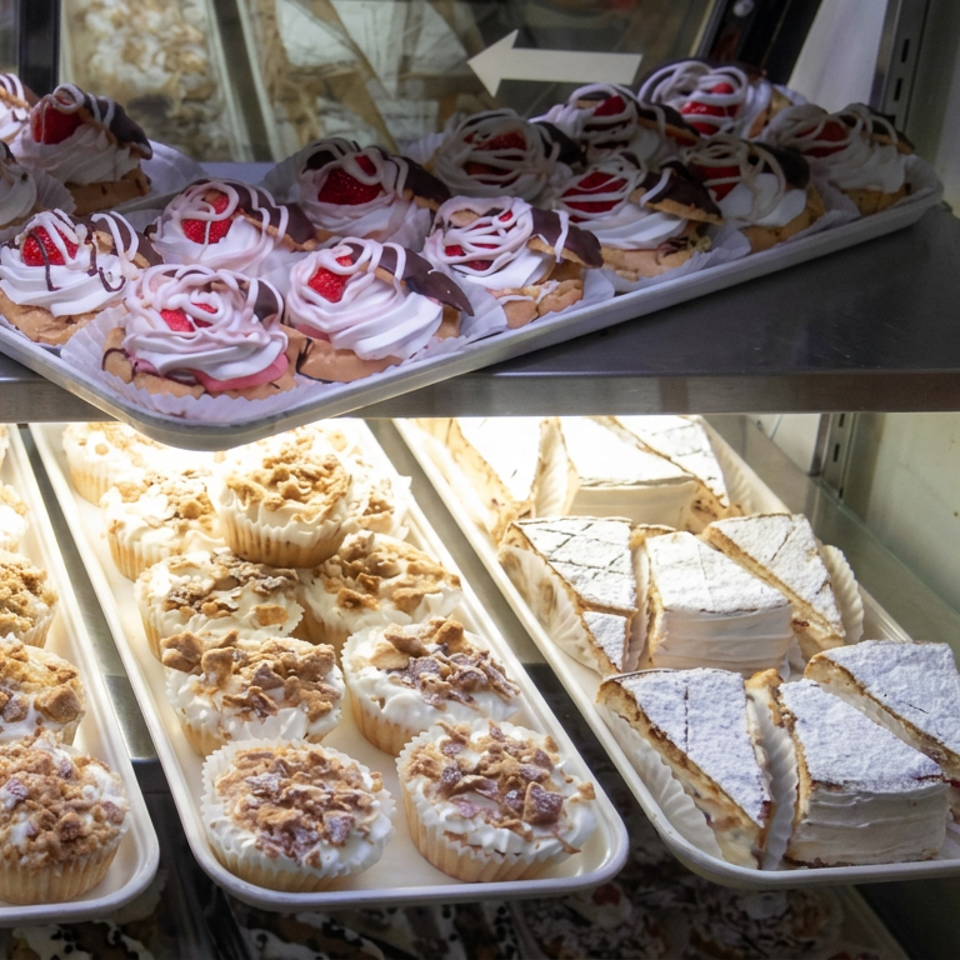 Bakery display case filled with strawberry-topped pastries, crumb muffins, frosted cupcakes, and powdered sugar cake slices.
