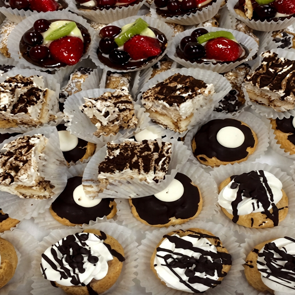 Assorted pastries and desserts arranged in paper cups, including chocolate-glazed cookies, cream-topped treats, fruit tarts, and layered squares.